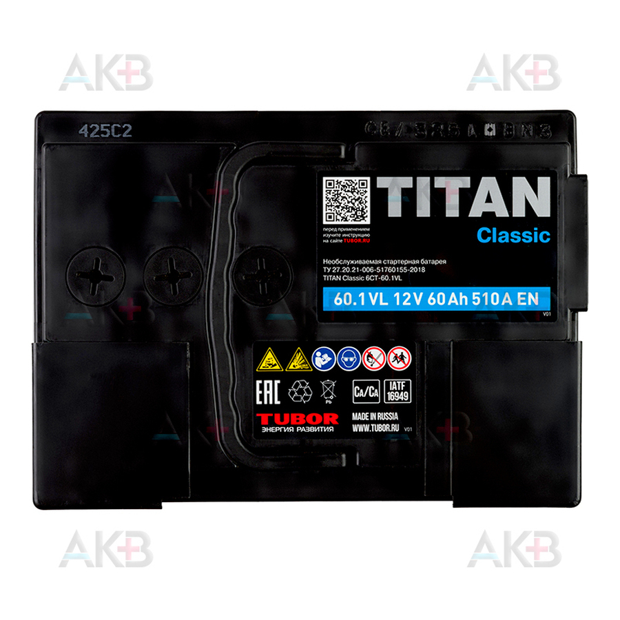 Автомобильный аккумулятор Titan Classic 60 Ач 510A прям. пол. (242x175x190) 6CT-60.1 VL