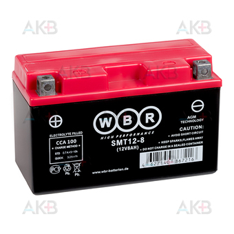 Мото аккумулятор WBR SMT12-8 AGM 8 Ач 85А прямая пол.(150x65x93) YT7B-BS, YT9B-BS, YT7B-4