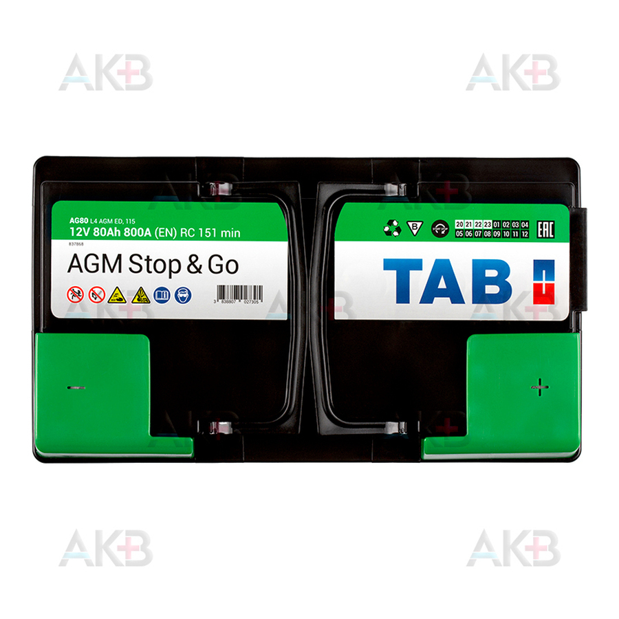 Автомобильный аккумулятор Tab AGM Stop-n-Go 80R (800A 315x175x190) 213080