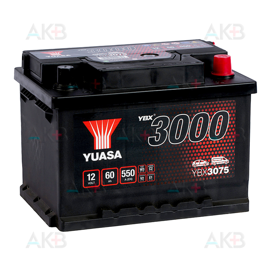 Автомобильный аккумулятор YUASA YBX3075 60 Ач 550А обр. пол. (242x175x175) низк.