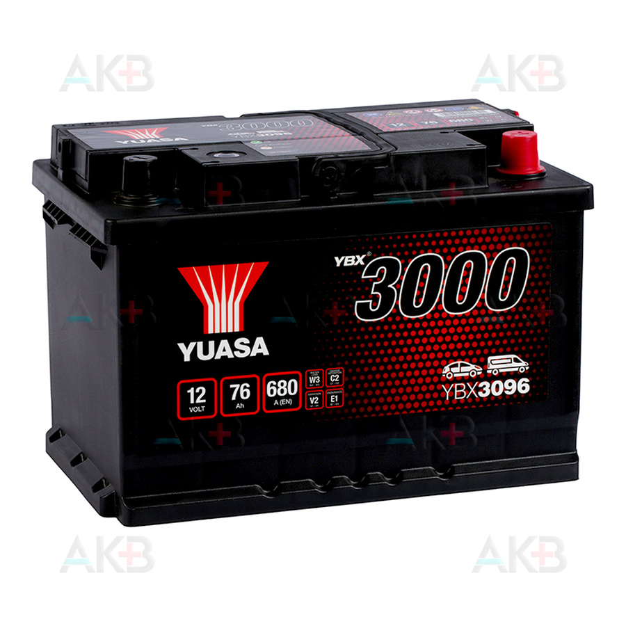 Автомобильный аккумулятор YUASA YBX3096 76 Ач 680А обр. пол. (278x175x190)