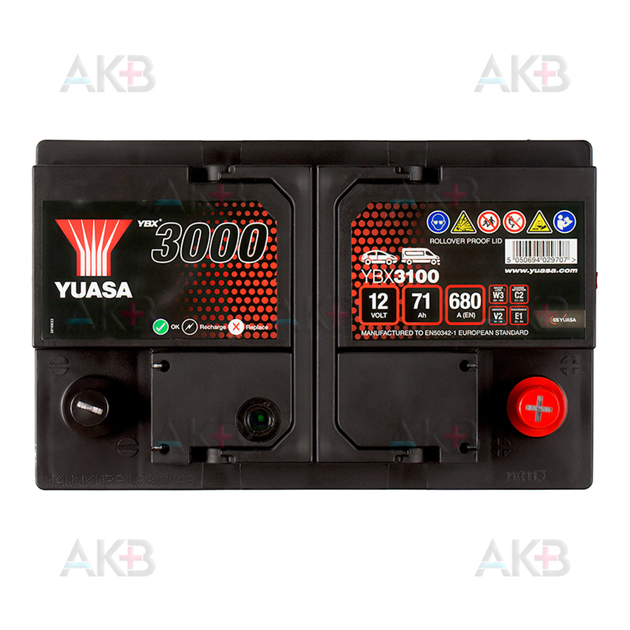 Автомобильный аккумулятор YUASA YBX3100 71 Ач 680А обр. пол. (278x175x175) низк.