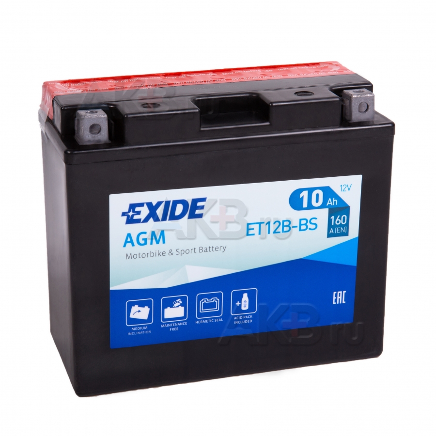 Мото аккумулятор Exide AGM сухозаряж. ET12B-BS 12V 10Ah 160A (150x70x130) прям. пол.