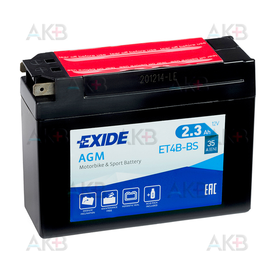 Мото аккумулятор Exide AGM сухозаряж. ET4B-BS 12V 2.3Ah 35A (114x39x86) обр. пол.