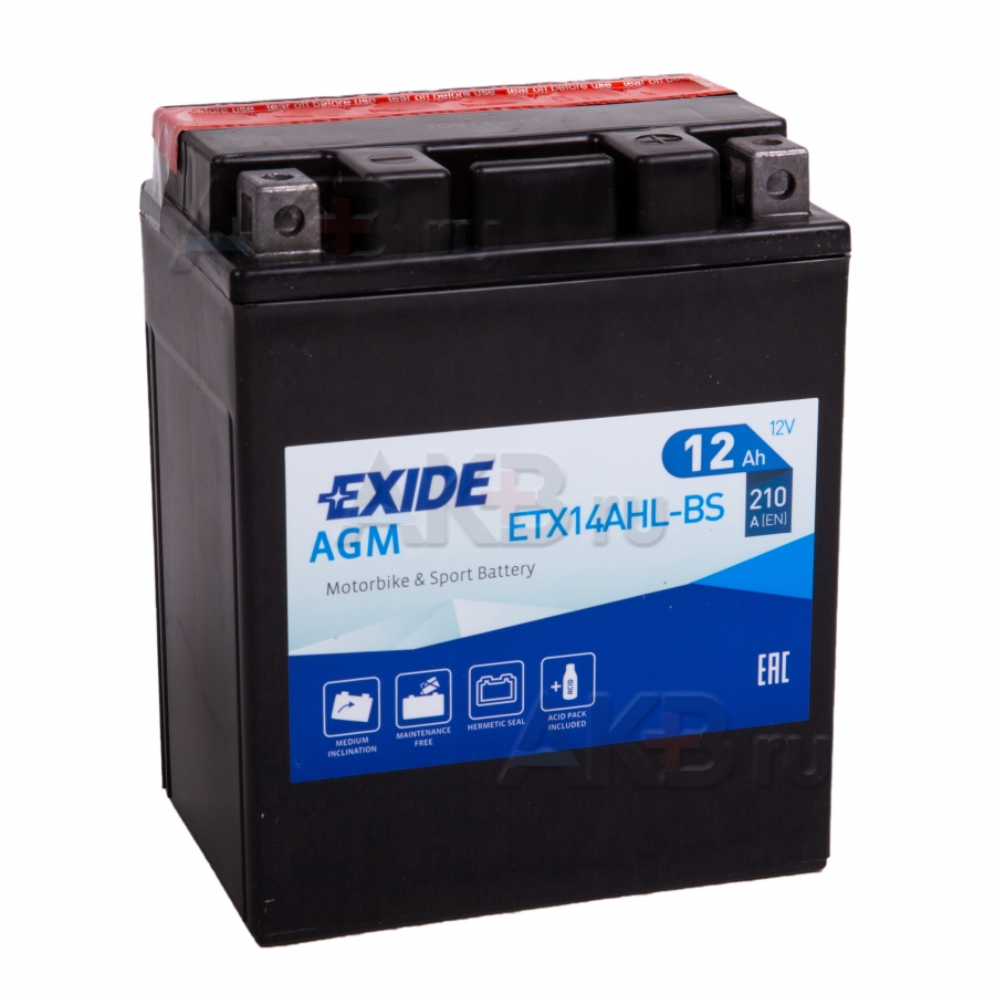 Мото аккумулятор Exide AGM сухозаряж. ETX14AHL-BS 12V 12Ah 210A (134x91x164) обр. пол.