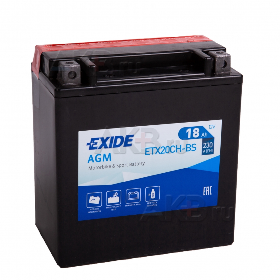 Мото аккумулятор Exide AGM сухозаряж. ETX20CH-BS 12V 18Ah 230A (150x87x161) прям. пол.