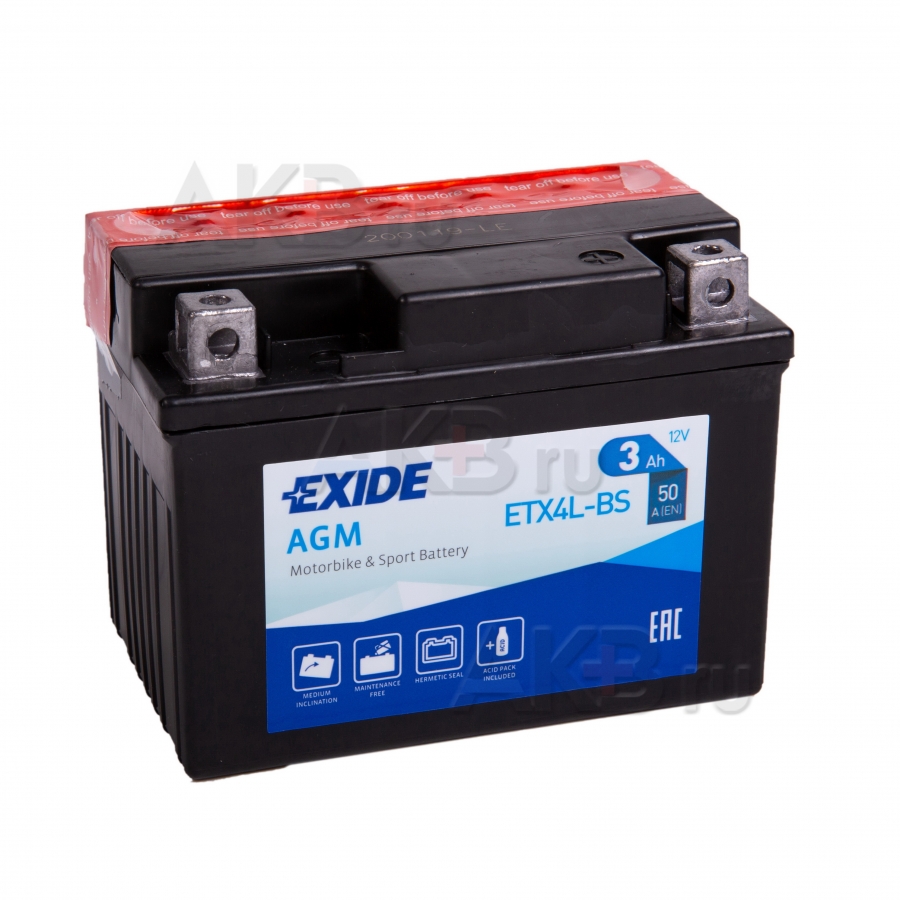 Мото аккумулятор Exide AGM сухозаряж. ETX4L-BS 12V 3Ah 50A (114x71x86) обр. пол.