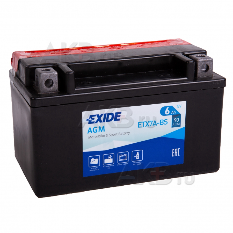 Мото аккумулятор Exide AGM сухозаряж. ETX7A-BS 12V 6Ah  90A (150x87x93) прям. пол.