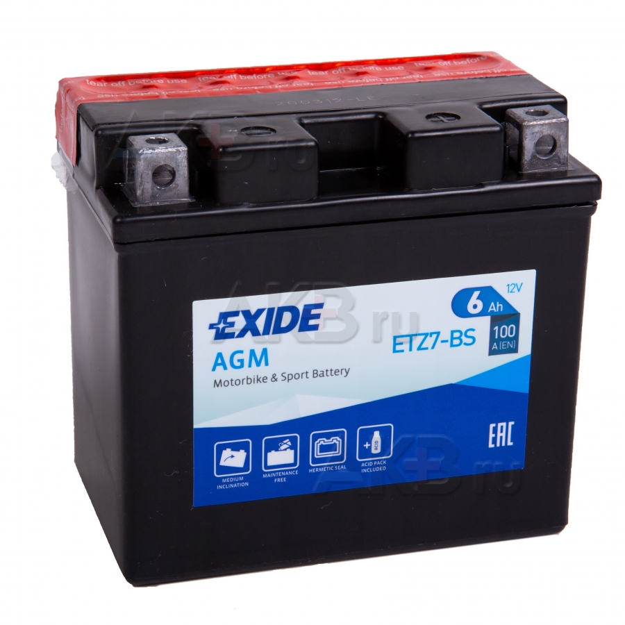 Мото аккумулятор Exide AGM сухозаряж. ETZ7-BS 12V 6Ah 100A (113x70x105) обр. пол.