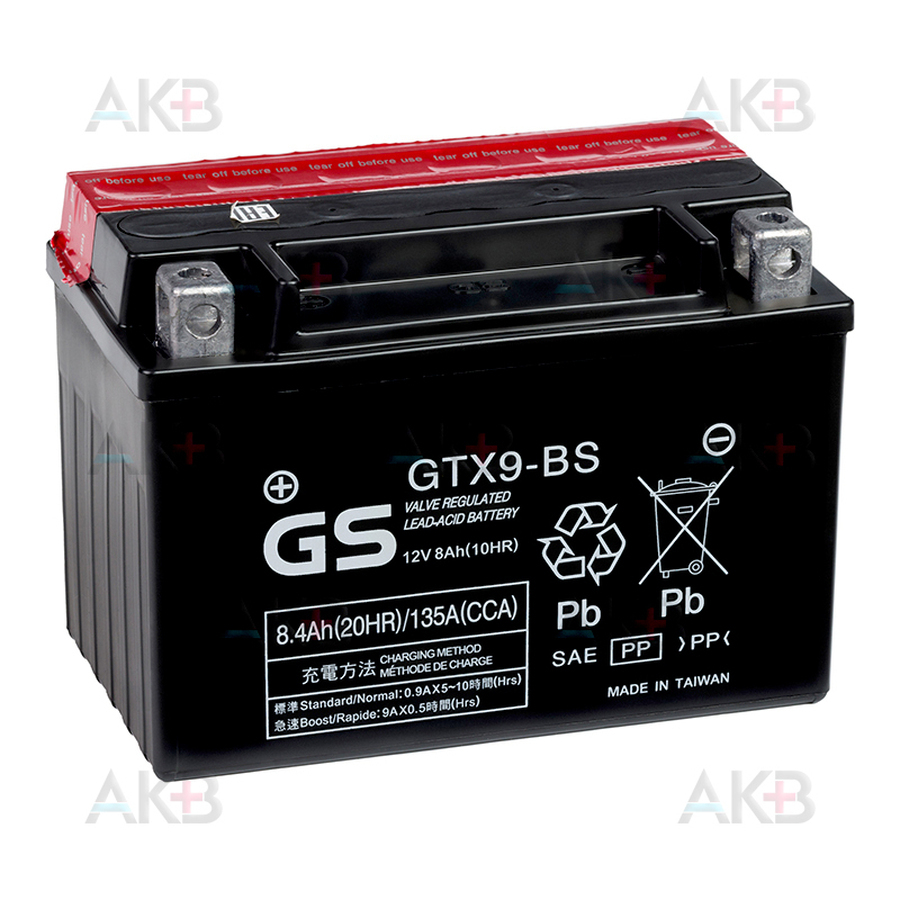 Мото аккумулятор GS GTX9-BS 12V 8,4Ah 135А (150x87x105) прям. пол. AGM сухозаряж. GS YUASA