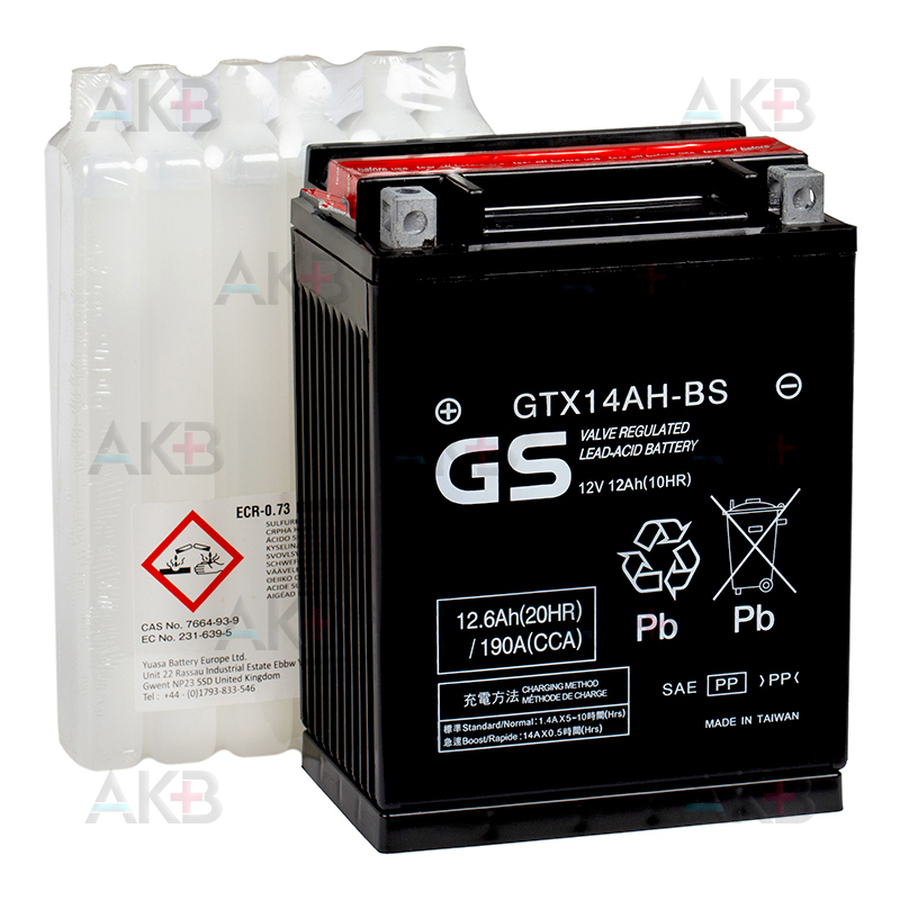 Мото аккумулятор GS GTX14AH-BS 12V 12,6Ah 190А (135x90x166) прям. пол. AGM сухозаряж. GS YUASA