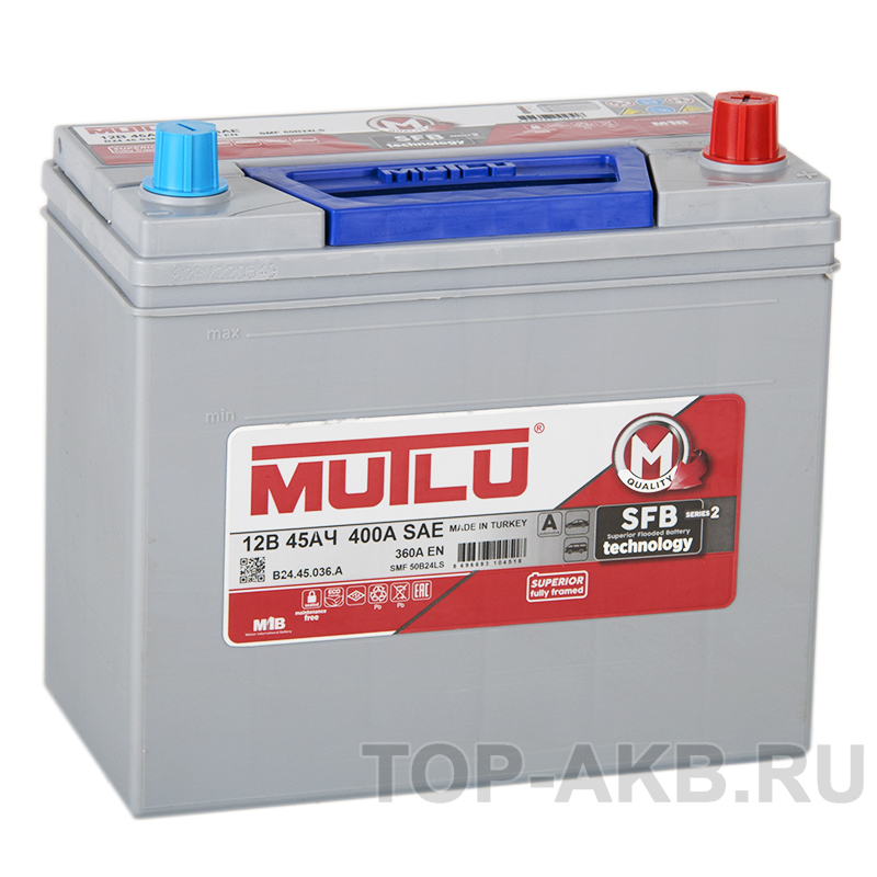 Автомобильный аккумулятор Mutlu Mega 55B24LS 45R 360А (238x129x227) SMF M2