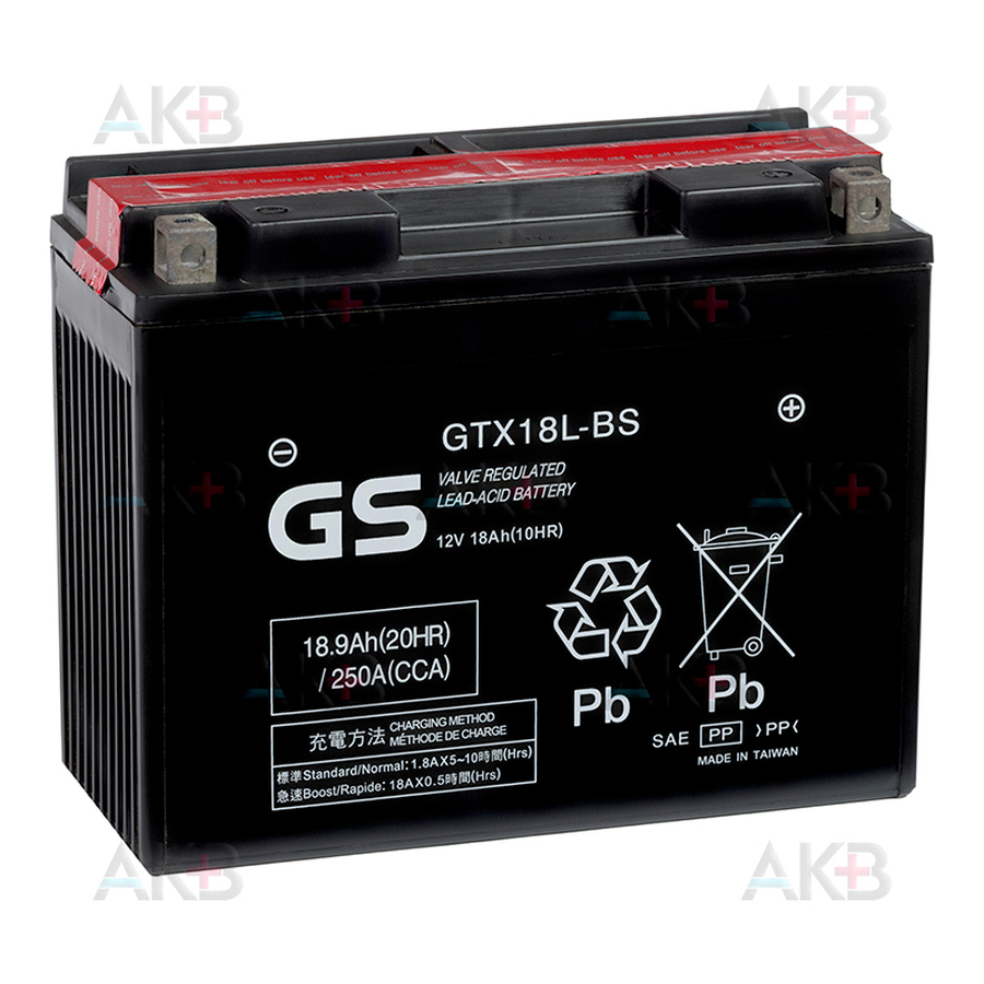 Мото аккумулятор GS GTX18L-BS 12V 18,9Ah 250А (207x91x164) обр. пол. AGM сухозаряж. GS YUASA