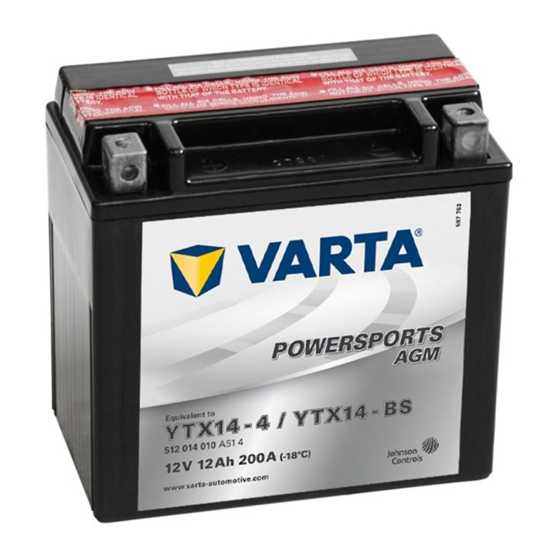 Мото аккумулятор VARTA Powersports AGM YTX14-4/YTX14-BS 12V 12Ah 200А (152x88x147) прямая пол. 512 014 010, сухозар.