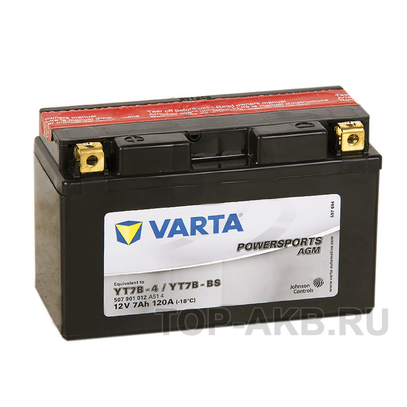 Мото аккумулятор VARTA Powersports AGM YT7B-4/YT7B-BS 12V 7Ah 120А (150x66x94) прямая пол. 507 901 012,  сухозар.