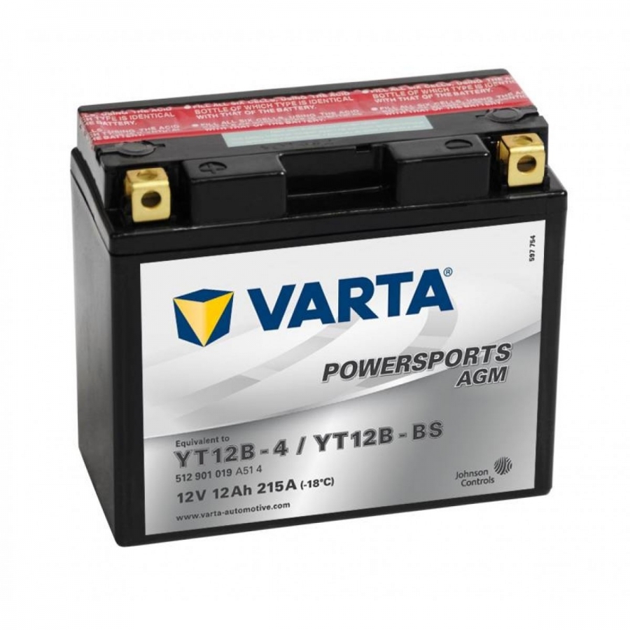 Мото аккумулятор VARTA Powersports AGM YT12B-4/YT12B-BS 12V 12Ah 215А (151x70x131) прямая пол. 512 901 019, сухозар.