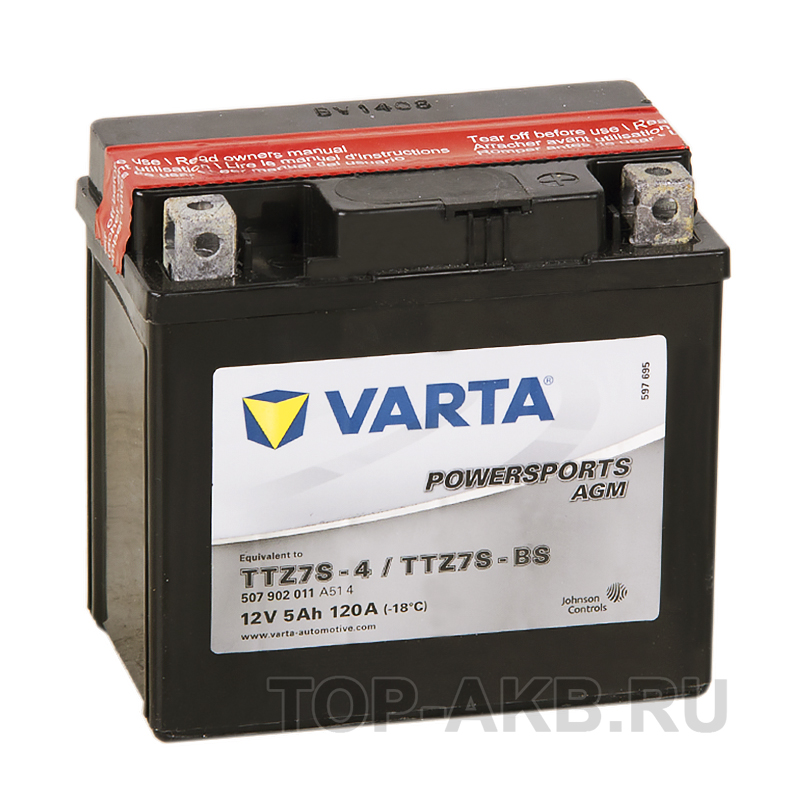 Мото аккумулятор VARTA Powersports AGM TTZ7S-4/TTZ7S-BS 12V 5Ah 120А (113x70x105) обр. пол. 507 902 011, сухозар.