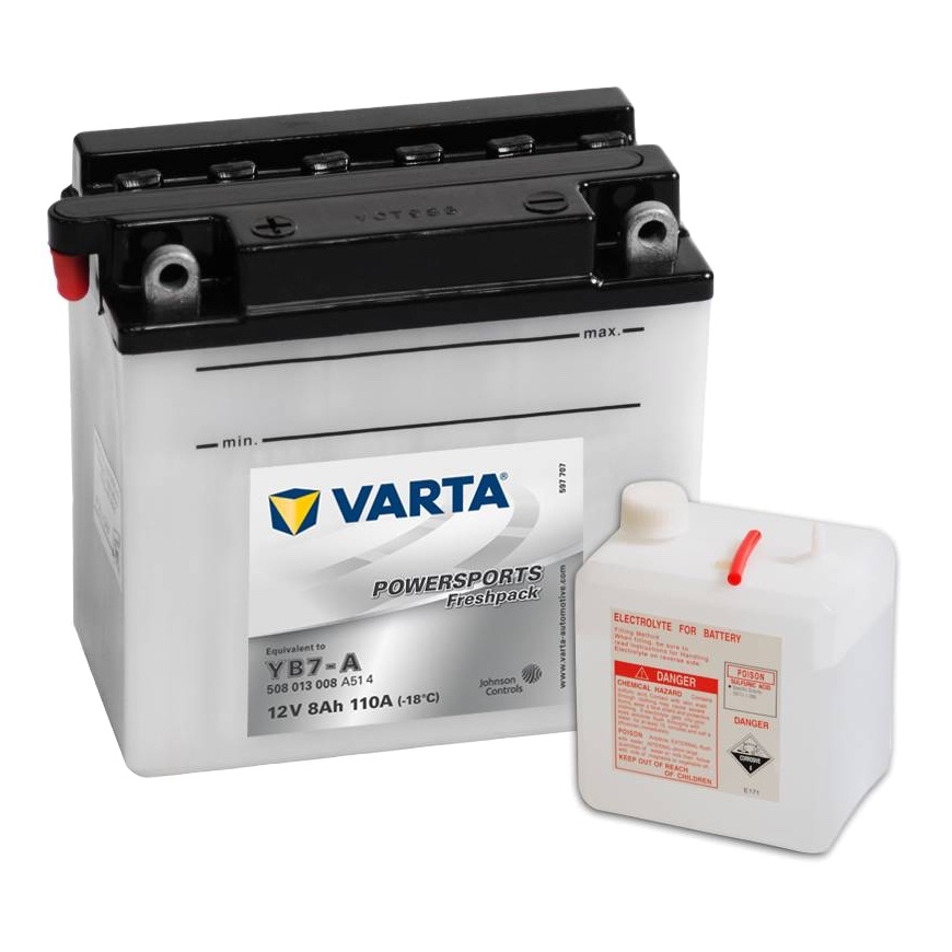 Мото аккумулятор VARTA Powersports Freshpack YB7-A8 Ач 110А (137x76x134) прямая пол. 508 013 008, сухозар.