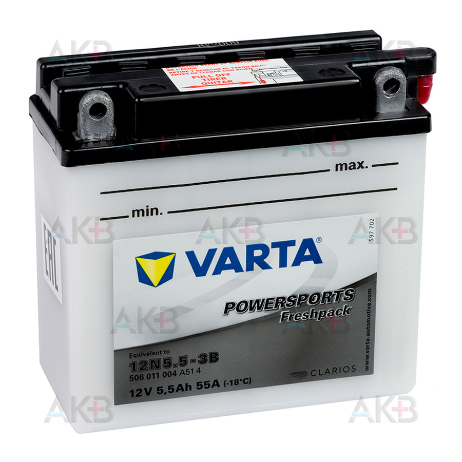 Мото аккумулятор VARTA Funstart Freshpack 12N5.5-3B 12V 5,5Ah 55А (135x60x130) обр. пол. 506 011 004, сухозар.