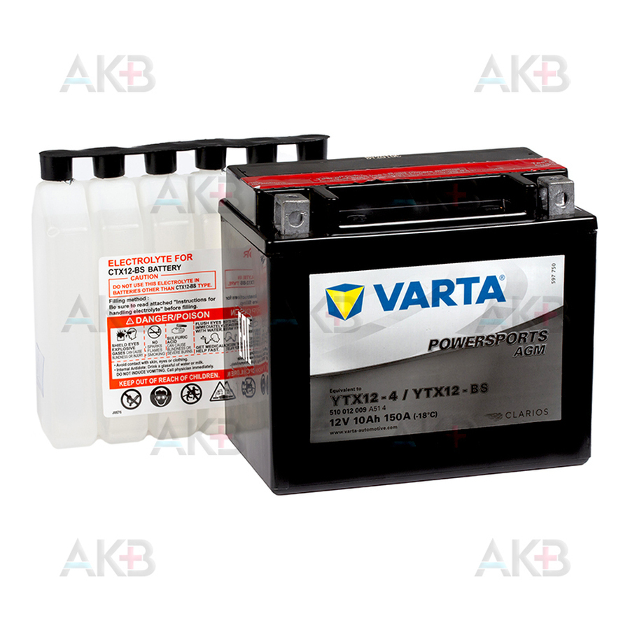 Мото аккумулятор VARTA Powersports AGM YTX12-4/YTX12-BS  12V 10Ah 150А (152x88x131) прямая пол. 510 012 009, сухозар.