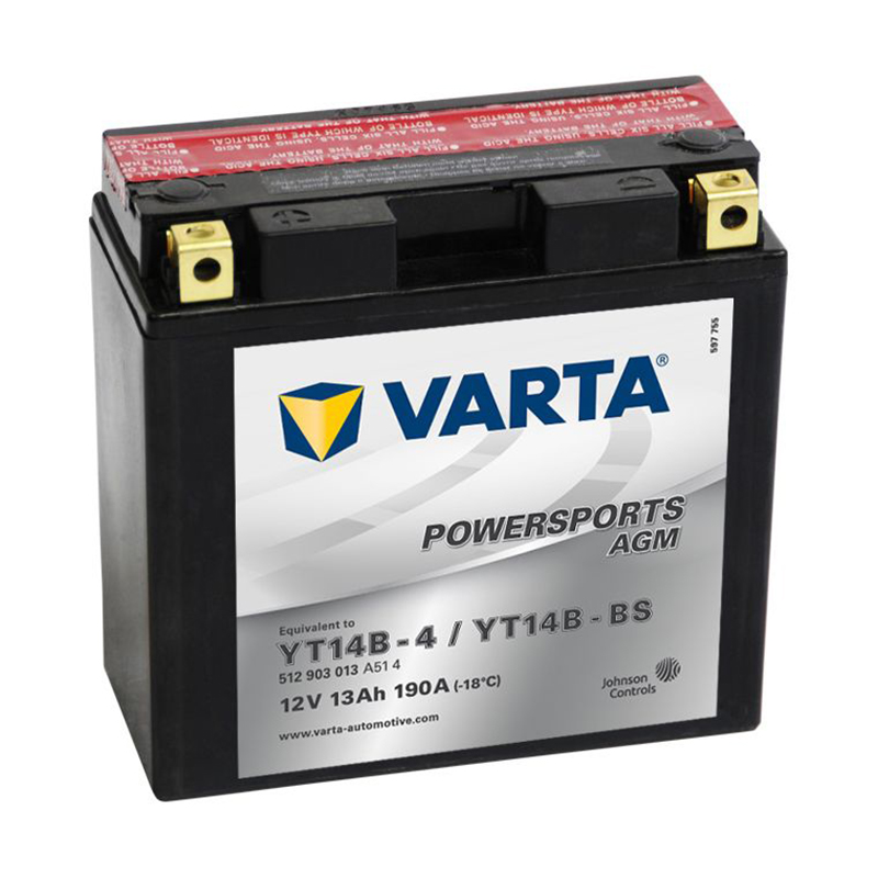 Мото аккумулятор VARTA Powersports AGM YT14B-4/YT14B-BS 12V 13Ah 190А (152x70x150) прямая пол. 512 903 013, сухозар.