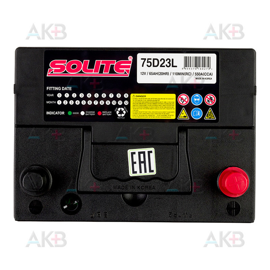 Автомобильный аккумулятор Solite 75D23L с бортиком (65R 550A 230x168x210)