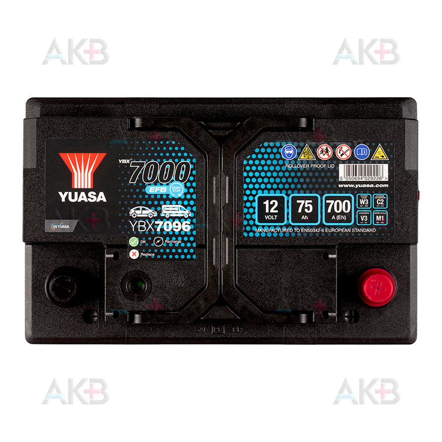 Автомобильный аккумулятор YUASA YBX7096 75 Ач 700А обр. пол. (278x175x190) EFB