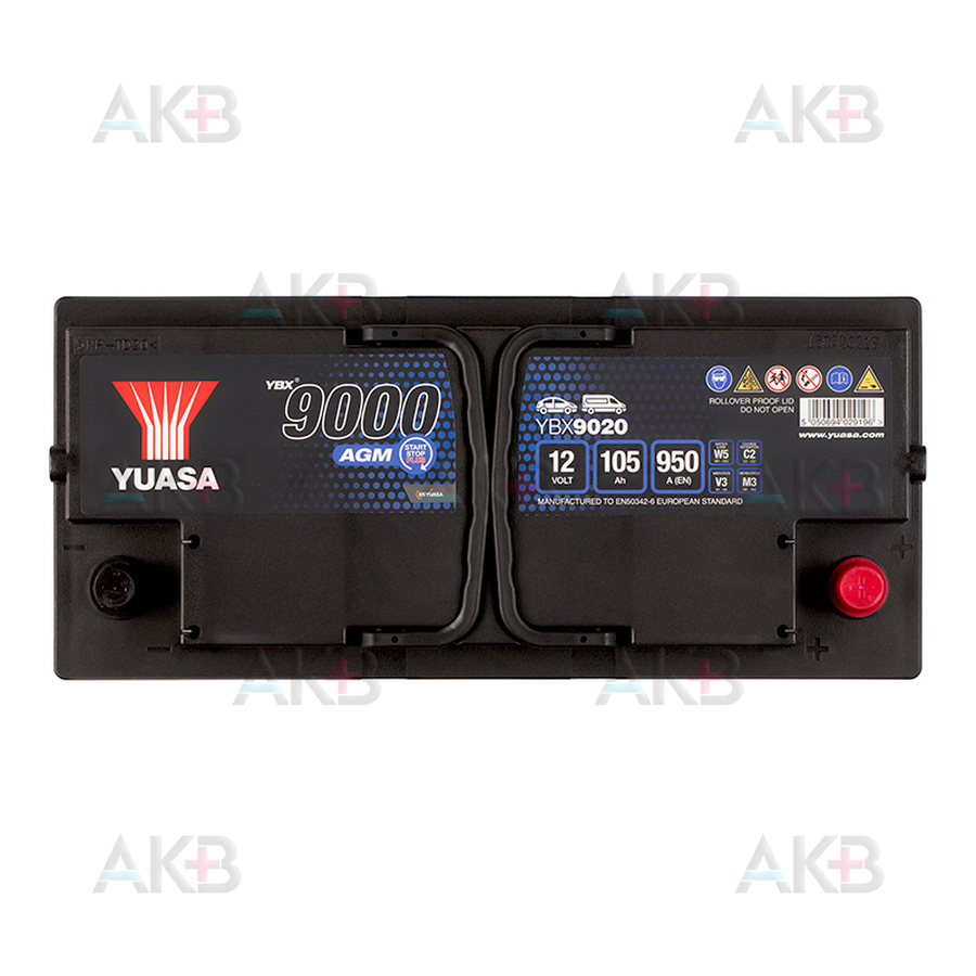 Автомобильный аккумулятор YUASA YBX9020 105 Ач 950А обр. пол. (393x175x190) AGM