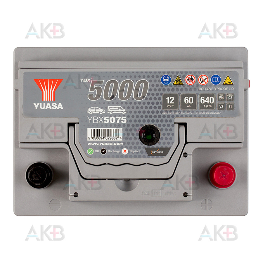 Автомобильный аккумулятор YUASA YBX5075 60 Ач 640А обр. пол. (242x175x175) низк.