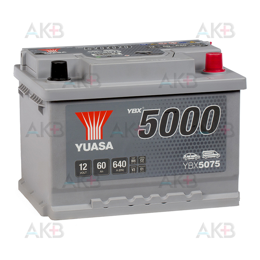 Автомобильный аккумулятор YUASA YBX5075 60 Ач 640А обр. пол. (242x175x175) низк.
