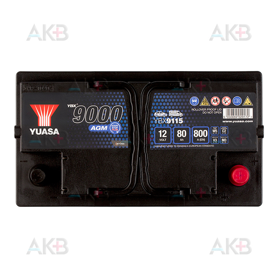 Автомобильный аккумулятор YUASA YBX9115 80 Ач 800А обр. пол. (315x175x190) AGM