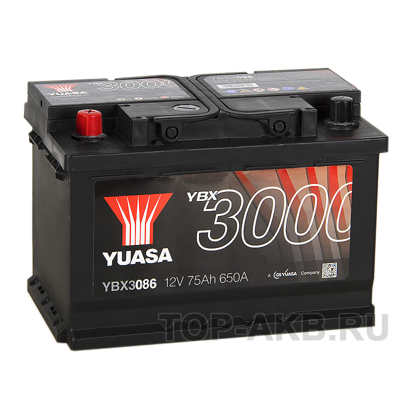 Автомобильный аккумулятор YUASA YBX3086 75 Ач 650А прям. пол.(278x175x190)
