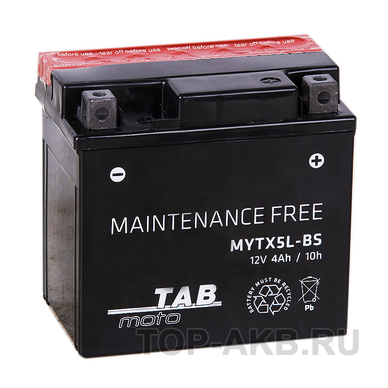 Мото аккумулятор TAB Moto Maintenance free MYTX5L-BS 12V 4Ah 70A (113x70x105) обр. пол. AGM сухоз.