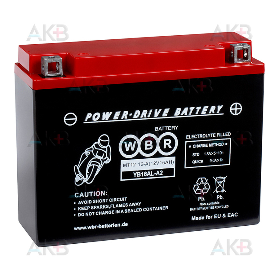 Мото аккумулятор WBR MT12-16A AGM 16 Ач 250А обратная пол.(205x87x162) YB16AL-A2