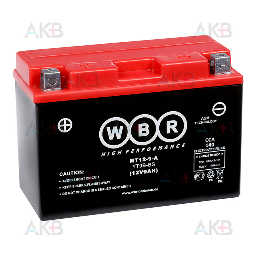 Мото аккумулятор WBR MT12-9-A AGM 9 Ач 140А прямая пол.(150x70x105) YT9B-BS