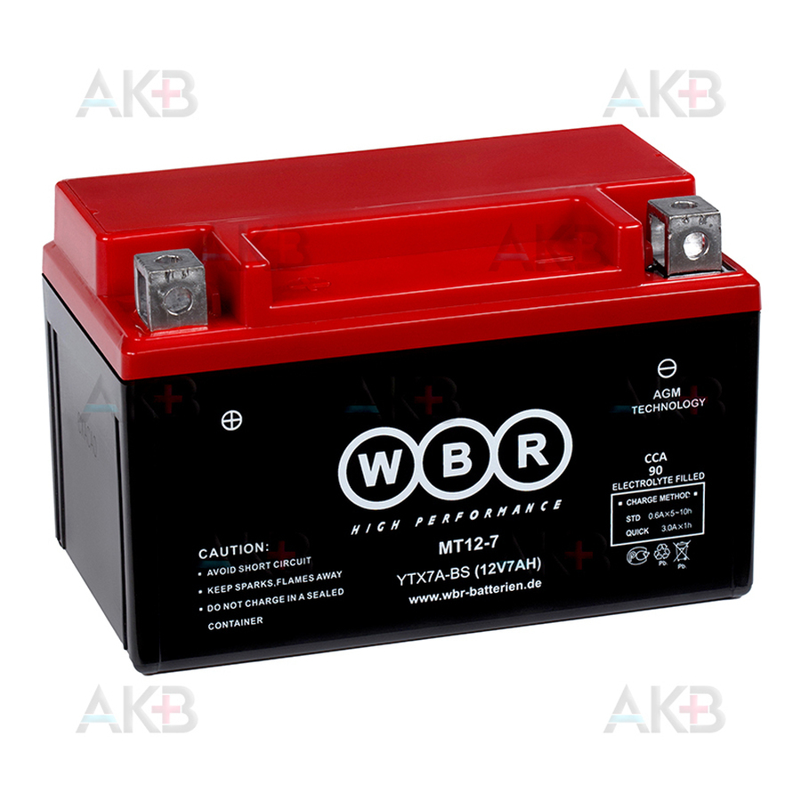 Мото аккумулятор WBR MT12-7 AGM 7 Ач 90А прямая пол.(150x87x93) YTX7A-BS