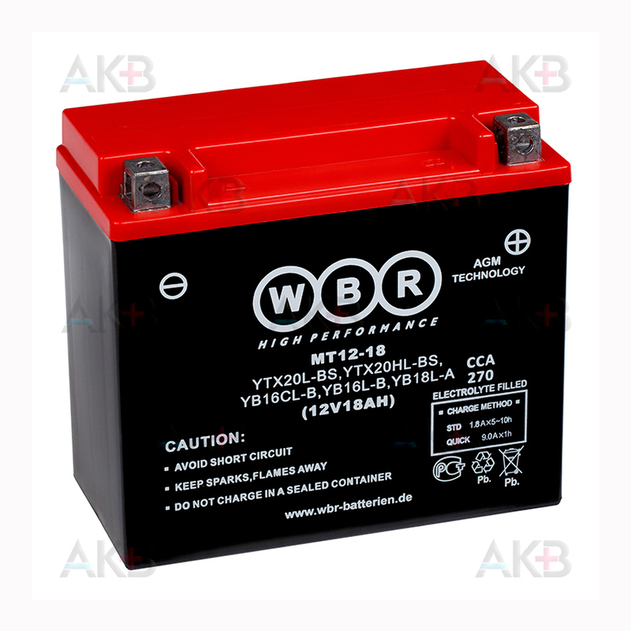Мото аккумулятор WBR MT12-18 AGM 18 Ач 270А обратная пол.(175x87x155) YTX20L-BS