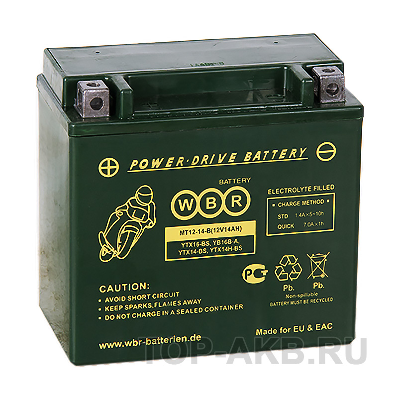 Мото аккумулятор WBR MT12-14-B AGM 14 Ач 210А прямая пол.(150x87x145) YTX14-BS, YTX14H-BS,YTX16-BS, YB16B-A
