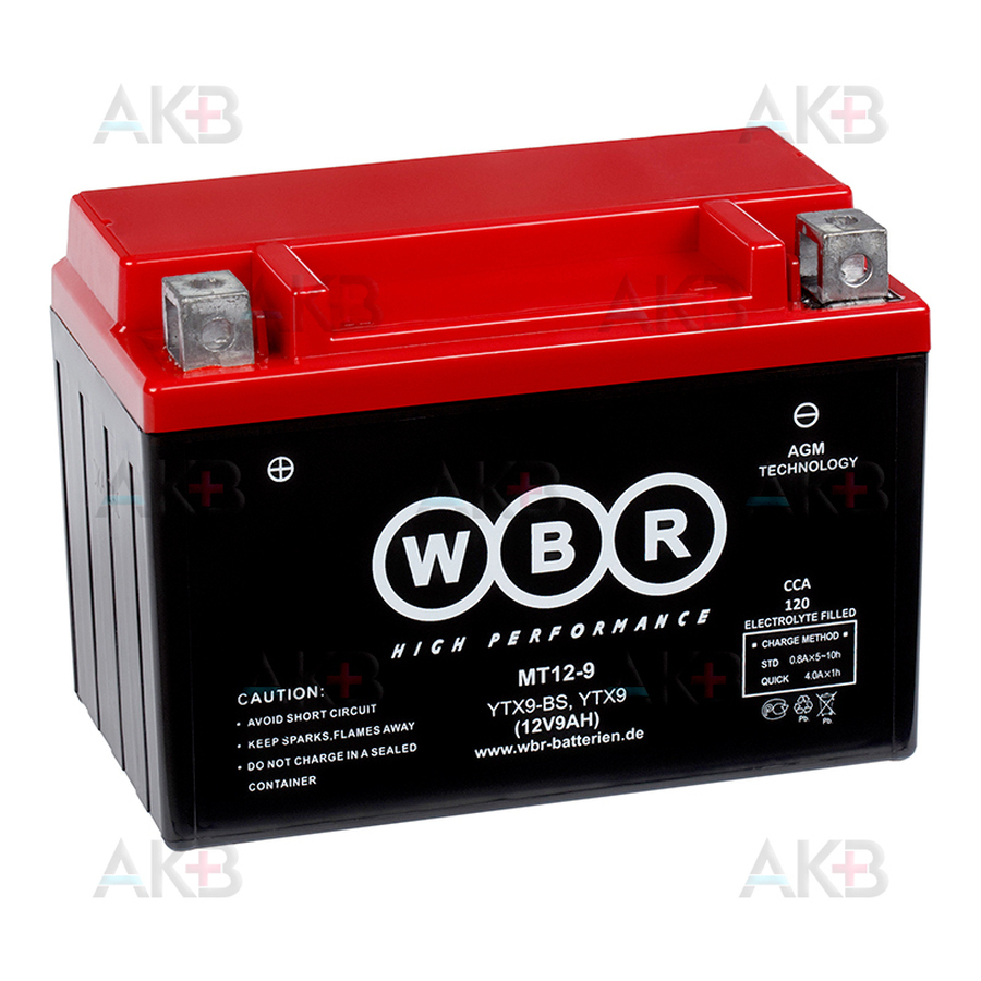 Мото аккумулятор WBR MT12-9 AGM 9 Ач 120А прямая пол.(150x87x105) YTX9-BS, YTX9