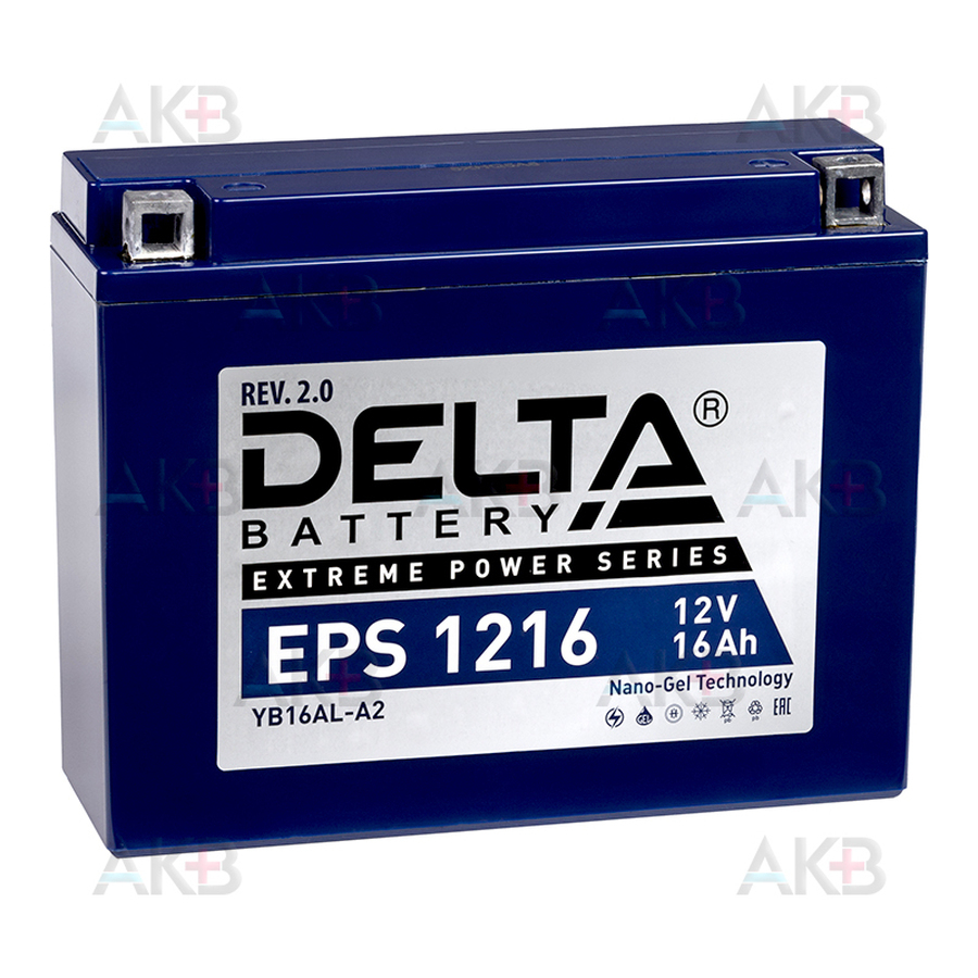 Мото аккумулятор Delta EPS 1216, 12V 16Ah, 215А (205x70x162) YTX16AL-A2 обратная пол.
