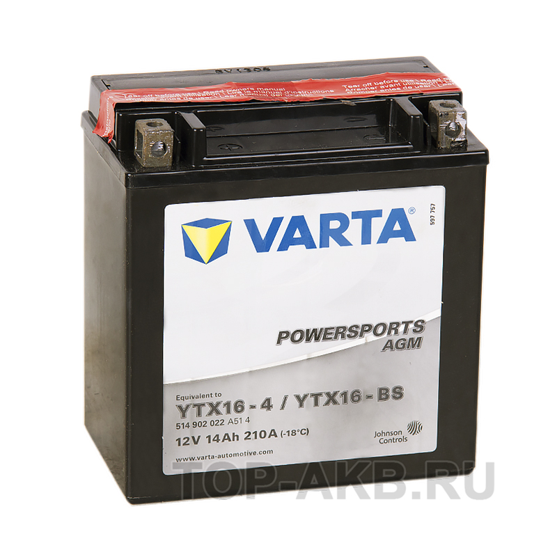 Мото аккумулятор VARTA Powersports AGM YTX16-4/YTX16-BS 12V 14Ah 210А (150x87x161) прямая пол. 514 902 022, сухозар.