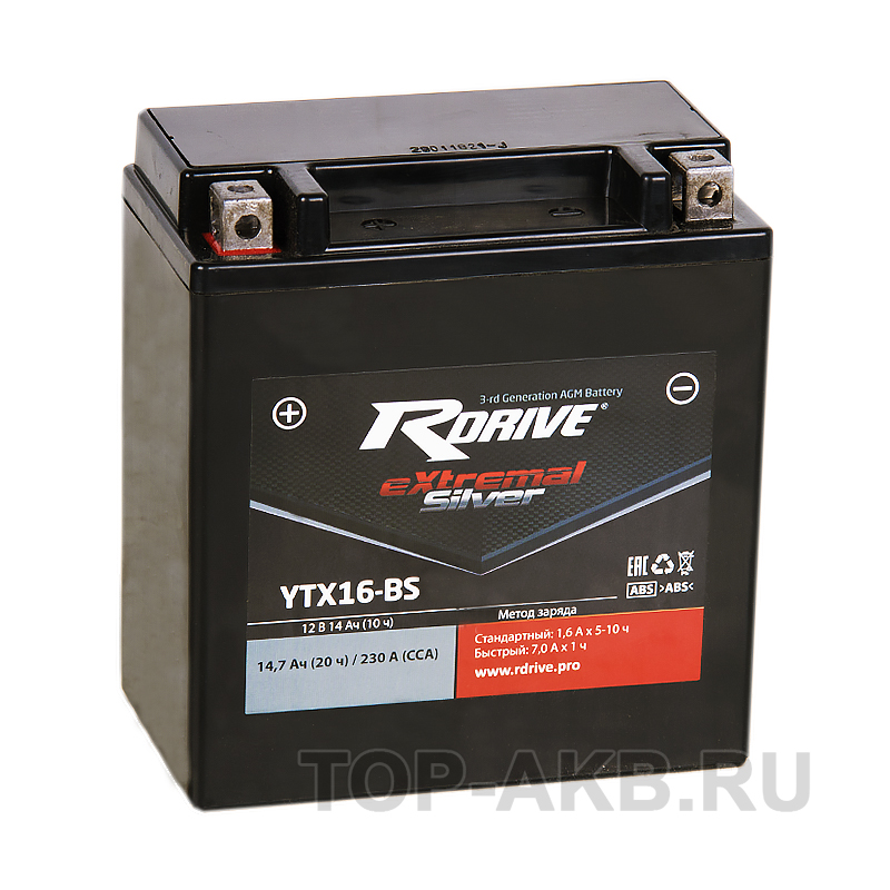 Мото аккумулятор RDrive YTX16-BS 12V 14Ah 230А прям. пол. AGM сухозаряж.(150x87x161) eXtremal SILVER