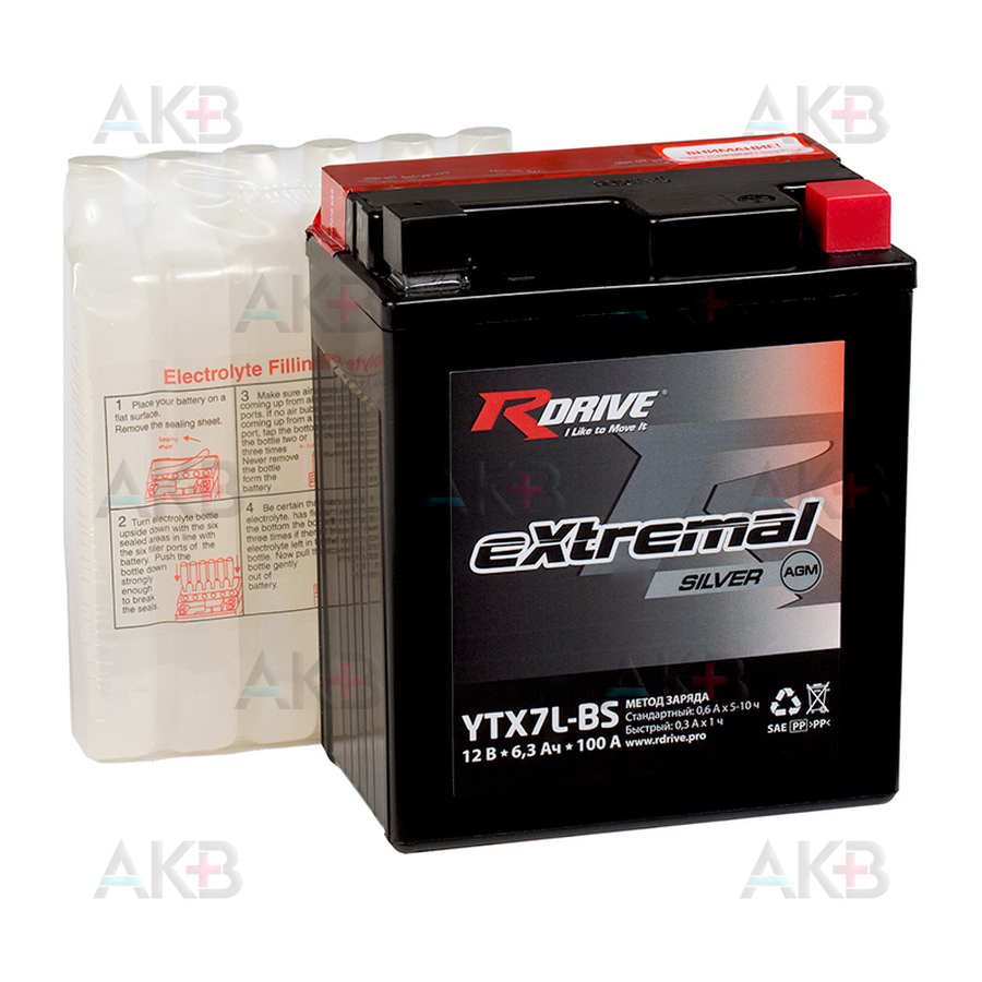 Мото аккумулятор RDrive YTX7L-BS 12V 6,3Ah 100А обр. пол. AGM сухозаряж. (114x71x131) eXtremal SILVER