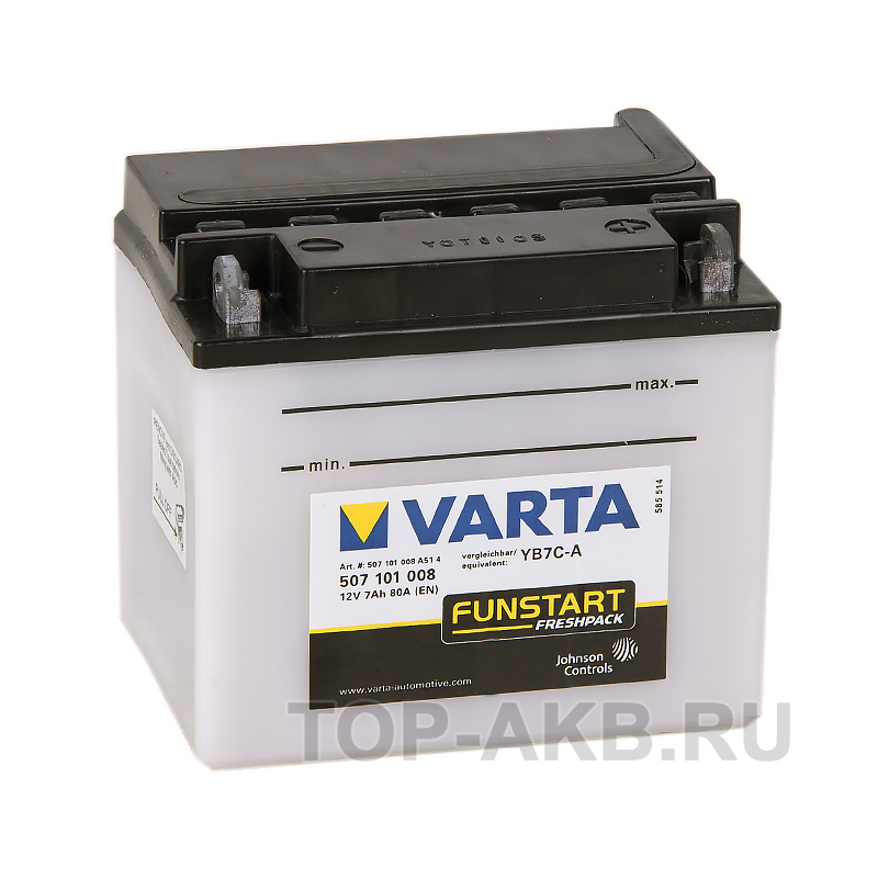 Мото аккумулятор VARTA Funstart Freshpack YB7C-A 12V 7Ah 80А (130x90x114) обр. пол. 507 101 008, сухозар.