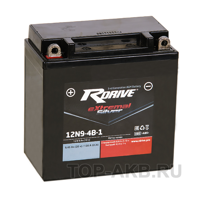 Мото аккумулятор RDrive 12N9-4B-1 12V 9Ah 120Апрям. пол. AGM сухозаряж. (135x75x140) eXtremal SILVER