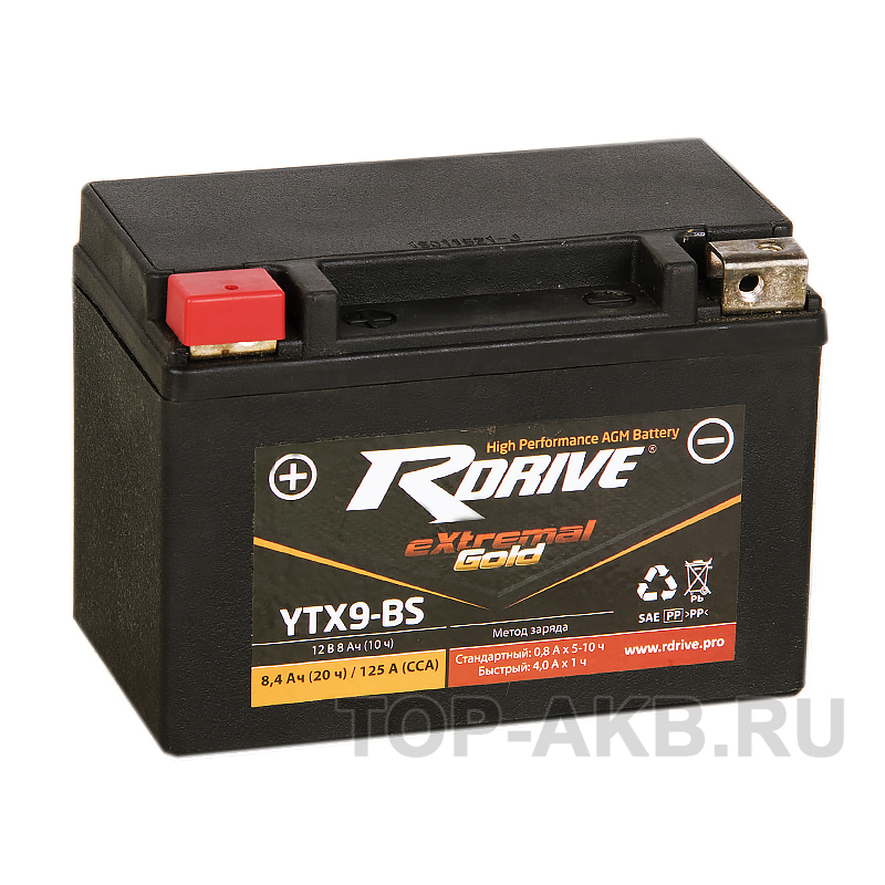 Мото аккумулятор RDrive YTX9-BS 12V 8Ah 125А прям. пол. AGM (150x87x105) eXtremal GOLD