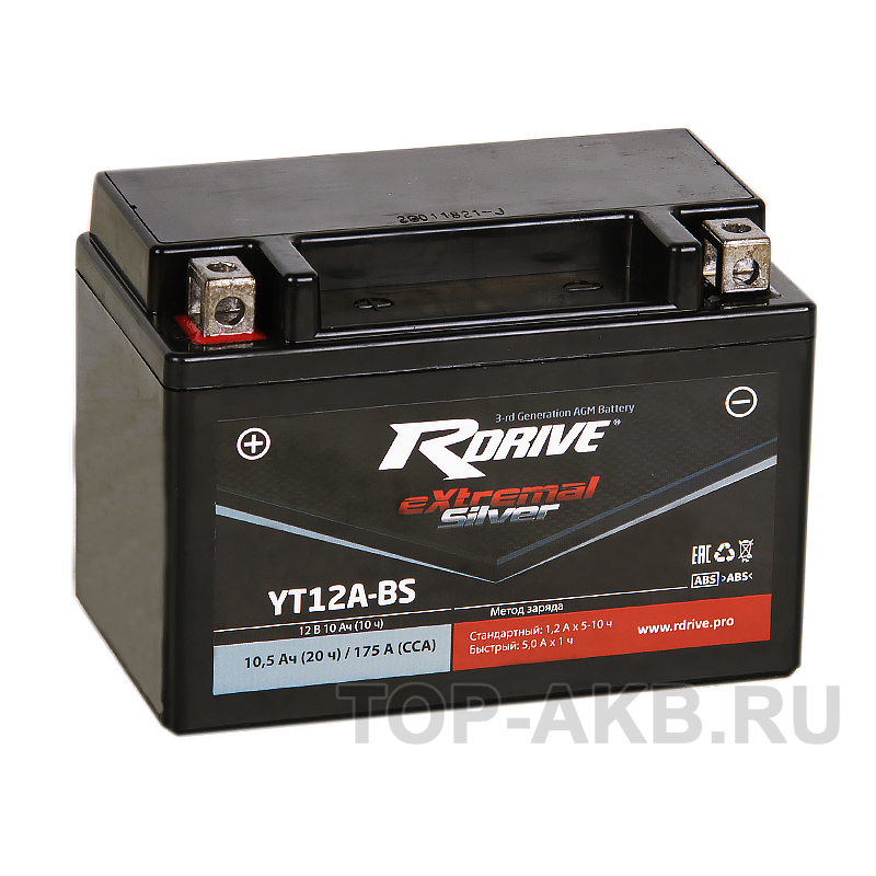 Мото аккумулятор RDrive YT12A-BS 12V 10,5Ah 175Апрям. пол. AGM сухозаряж. (150x87x105) eXtremal SILVER