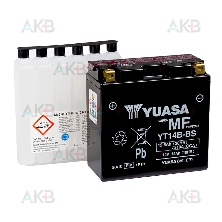 Мото аккумулятор Yuasa YT14B-BS - 12 Ач 210А (150x70x145) прям. пол. AGM сухоз.