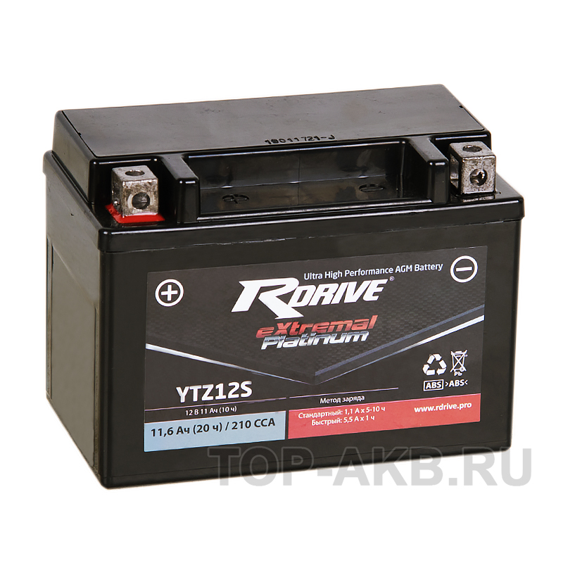 Мото аккумулятор RDrive YTZ12S 12V 11,6Ah 210А прям. пол. AGM (150x87x110) eXtremal PLATINUM