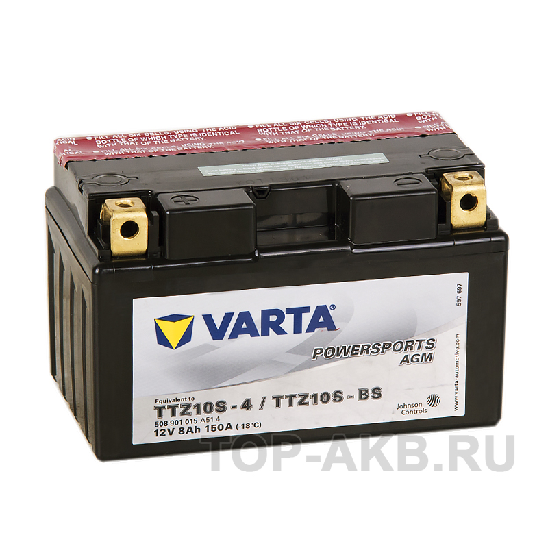 Мото аккумулятор VARTA Powersports AGM TTZ10S-4/TTZ10S-BS 12V 8Ah 150А (150x87x93) прямая пол. 508 901 015, сухозар.